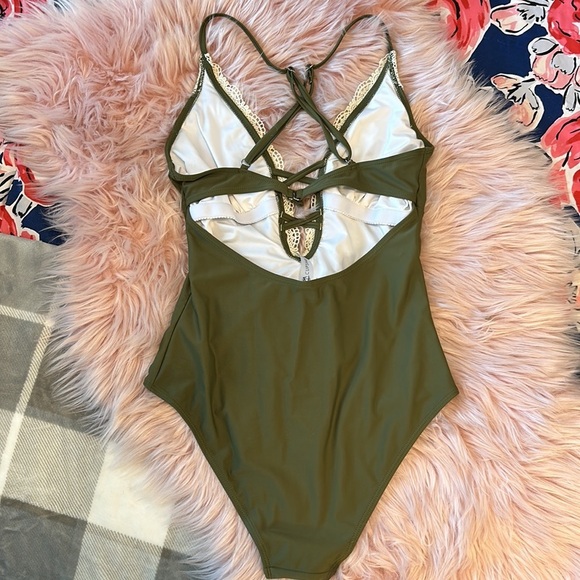 Cupshe Olive Sage Green Crotchet Criss Cross Backless Sexy One Piece Swimsuit - Picture 4 of 11